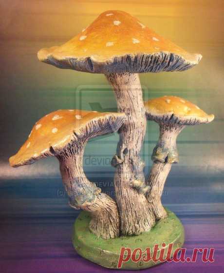 The mushrooms and their base are created with ProSculpt Polymer Clay over a wire armature. Painted with quality acrylics.