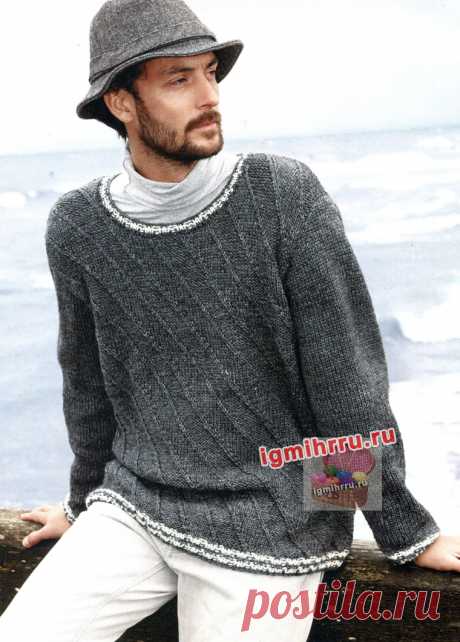 Мужской шерстяной пуловер с диагональным узором. Вязание спицами со схемами и описанием