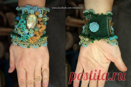 Labradorite and lava stone beads crochet cuff in от ellisaveta