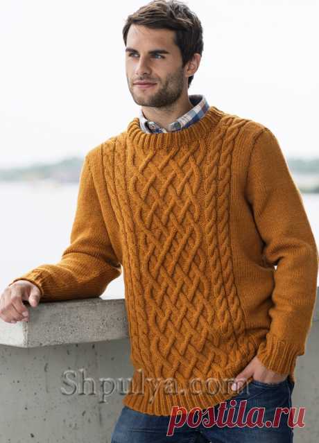 Вязаный мужской пуловер с аранами — Shpulya.com - схемы с описанием для вязания спицами и крючком