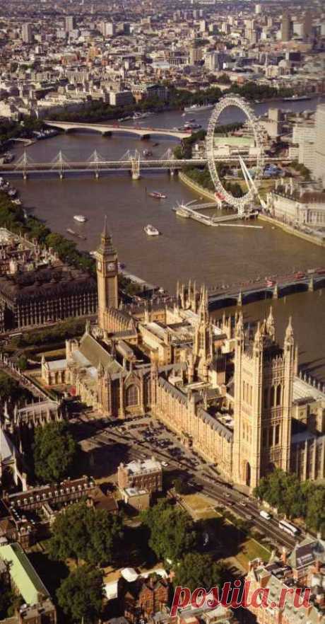 London from the air. Palace of Westminster (Houses of Parliament), London Eye and the Thames. England, UK.