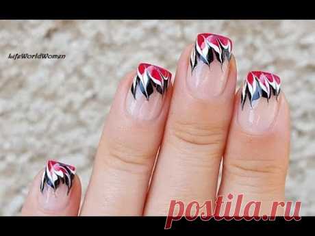 NEEDLE NAIL ART #29 - Red, Black &amp; White Dry Marble Flame Nails - YouTube