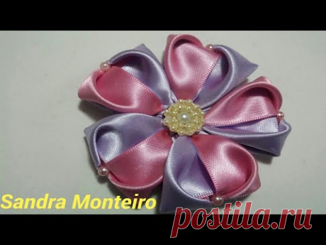 Como fazer flor coração colorido com pérolas , DIY,feito com fita de cetim numero 9, Sandra Monteiro