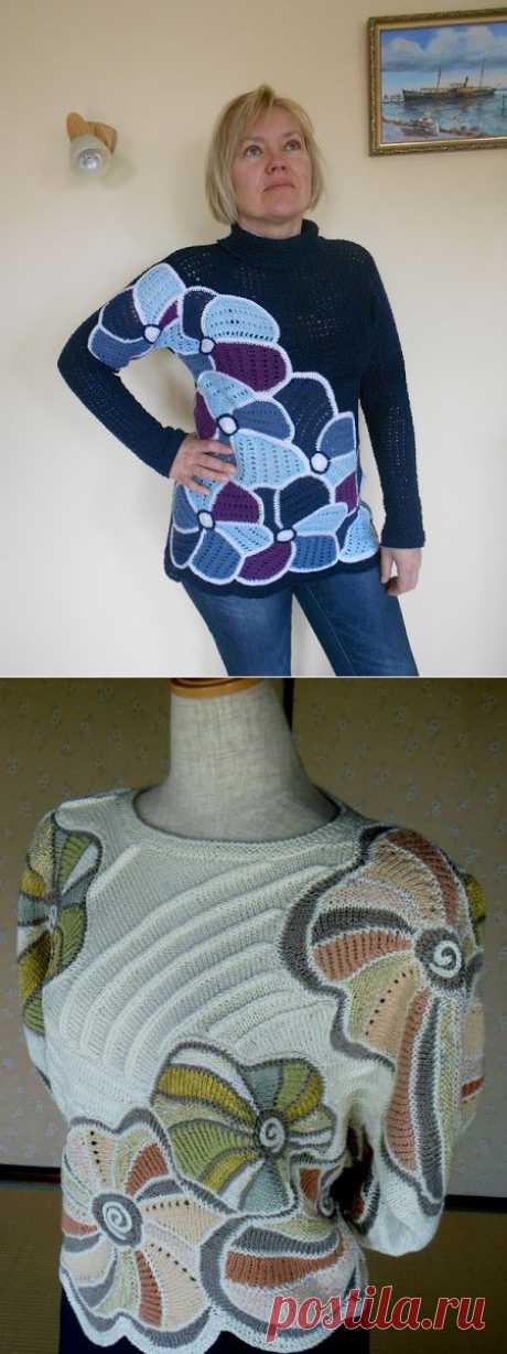 Прекрасное название для пуловера&quot;Пуловер с цветами&quot;, связанными в технике фриформ..