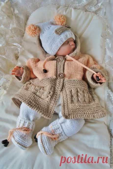 Купить Комплект для новорожденного &quot;Нежный креатив&quot; - бежевый, пальто для девочки, Пальто ручной работы