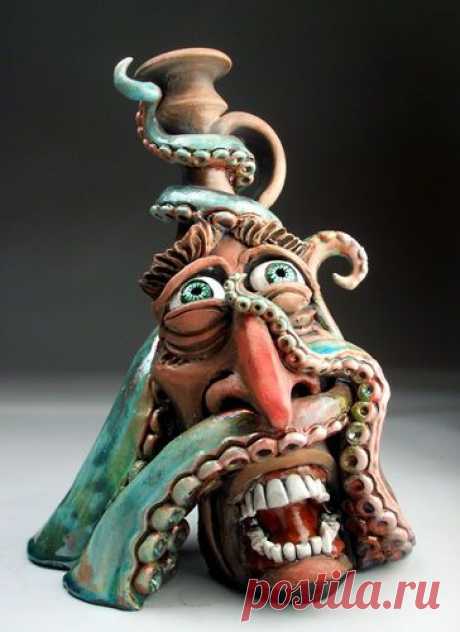 Octopus Attacking A Face Jug - raku pottery folk art sculpture by Grafton.