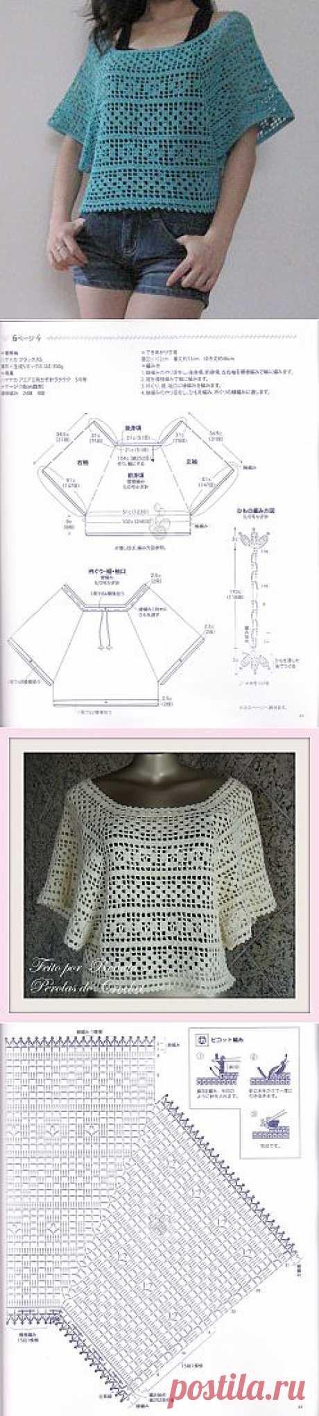 Свободная блуза-пончо филейной вязкой (крючок).