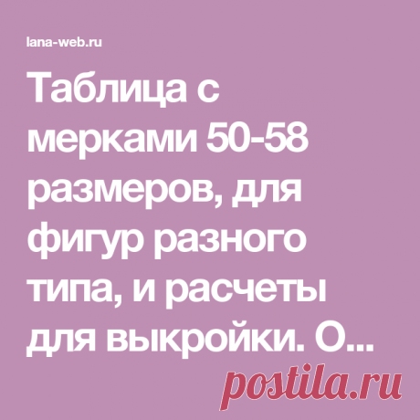 Таблица с мерками 50-58 размеров, для фигур разного типа, и расчеты для выкройки. Они помогут вам самостоятельно построить индивидуальную выкройку-основу.