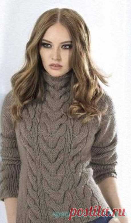 Стильный свитер с косами, связанный спицами (описание) — Рукоделие