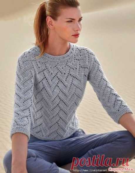 Женский летний пуловер с рукавом 3/4. Размер: 36/38  Вам потребуется:  - 300 г. пряжи типа "Cumulus" от JUNIPER MOON светло-серого цвета (Fb 02) (94% хлопок, 6% нейлон, 230 м/100 г);