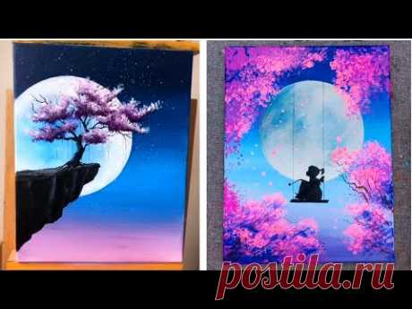 10 Super Easy Painting Ideas For Beginners - Moonlight Cherry Blossom Painting Ideas