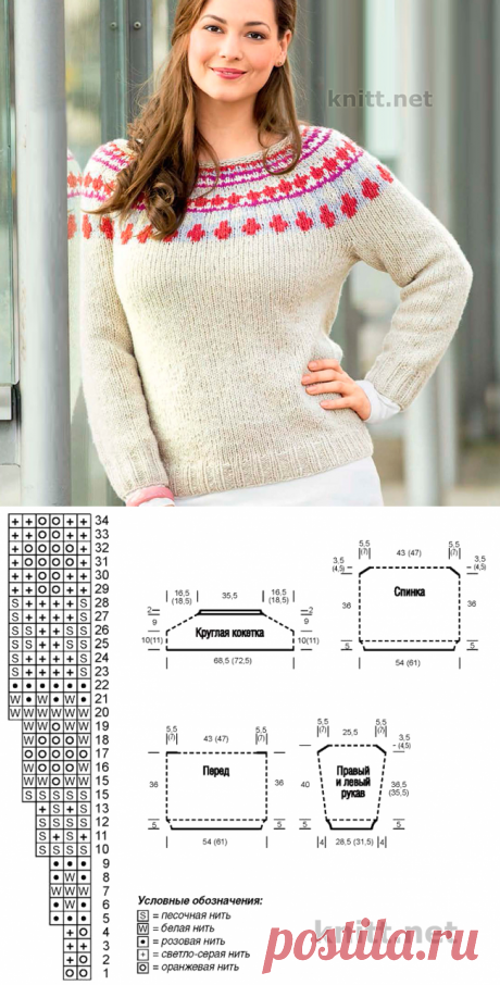 Норвежский вязаный пуловер с круглой кокеткой