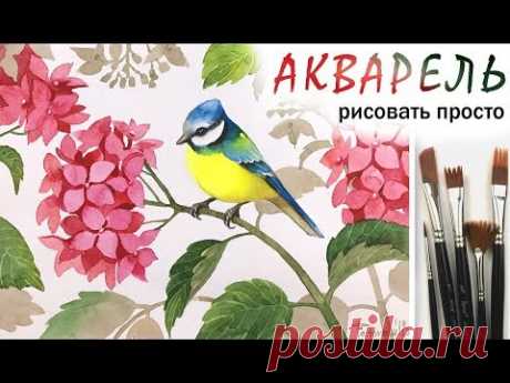 «Цветы. Птица и гортензия» как нарисовать 🎨АКВАРЕЛЬ| Сезон 3-2 |Мастер-класс ДЕМО