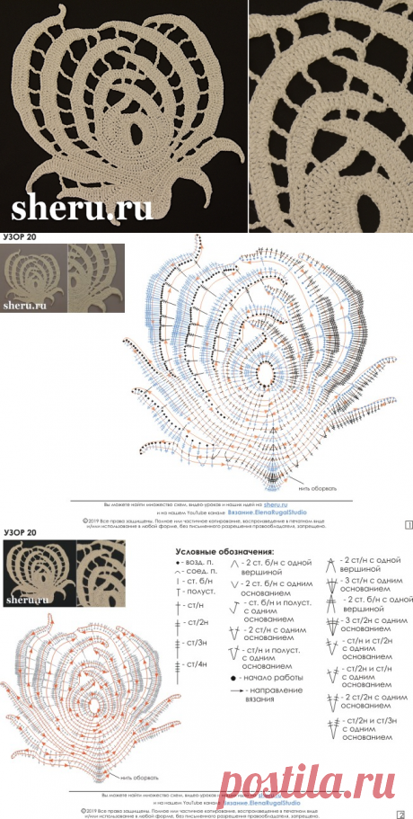 Схемы узора кружевного ирландского цветка | Узор крючком №20