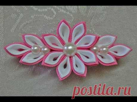 DIY kanzashi flower hairclip, kanzashi flower tutorial, how to, kanzashi flores de cinta - YouTube