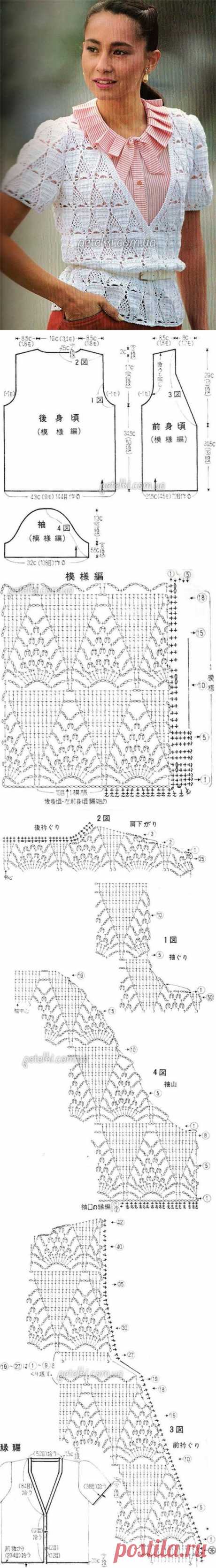 Ажурный жакетик крючком с коротким рукавом. Схемы