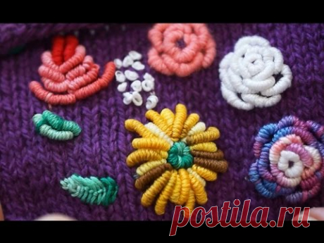 Вышивка по трикотажному полотну (embroidery on knitted fabric,decoration on booties and gloves)