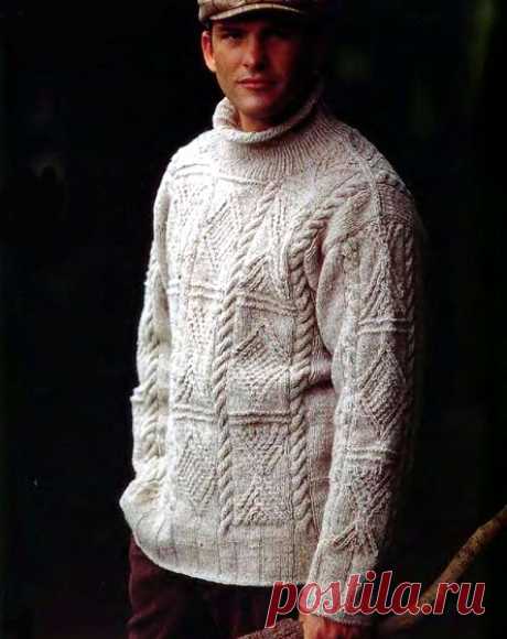 Мужской свитер Вязаный спицами мужской свитер с объемным узором.  Схема-выкройка