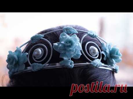 Handmade Flower Tiara with polymer clay roses. Wedding hair jewelry. Diy headband crown