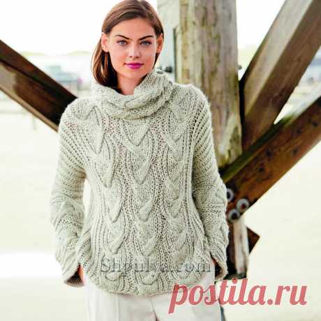 Пуловер с «косами» и шарф-воротник, связанный поперек.
Размеры пуловера: 36/38 (40/42) 44/46.
Размер шарфа: 30 х 52 см.