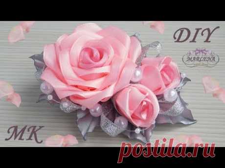 Роза канзаши 🌹. Нарядная заколка с букетиком роз МК/DIY 👐