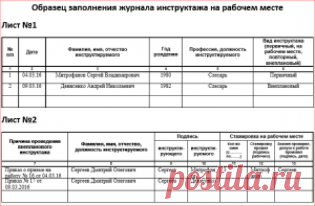 Журнал регистрации инструктажа на рабочем месте