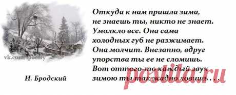 Иосиф Бродский — Откуда к нам пришла зима: Стих

Откуда к нам пришла зима,
не знаешь ты, никто не знает.

Умолкло все. Она сама
холодных губ не разжимает.
Она молчит. Внезапно, вдруг
упорства ты ее не сломишь.
Вот оттого-то каждый звук
зимою ты так жадно ловишь.

Шуршанье ветра о стволы,
шуршанье крыш под облаками,
потом, как сгнившие полы,
скрипящий снег под башмаками,
а после скрип и стук лопат,
и тусклый дым, и гул рассвета…
Но даже тихий снегопад,
откуда он, не даст от...