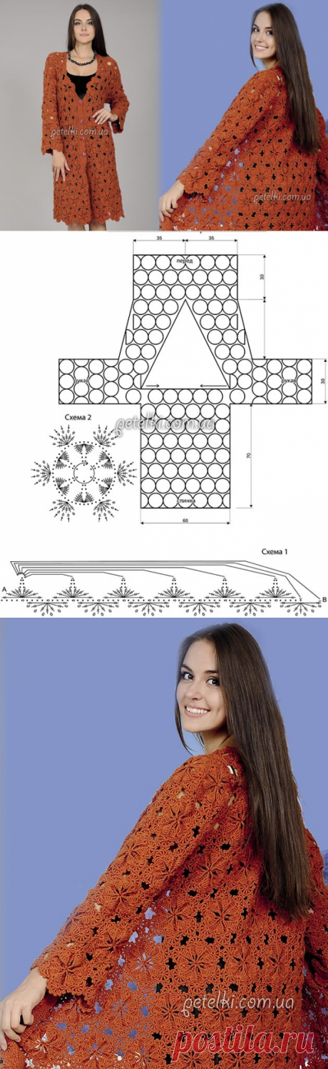Терракотовое ажурное пальто. Схемы, описание вязания