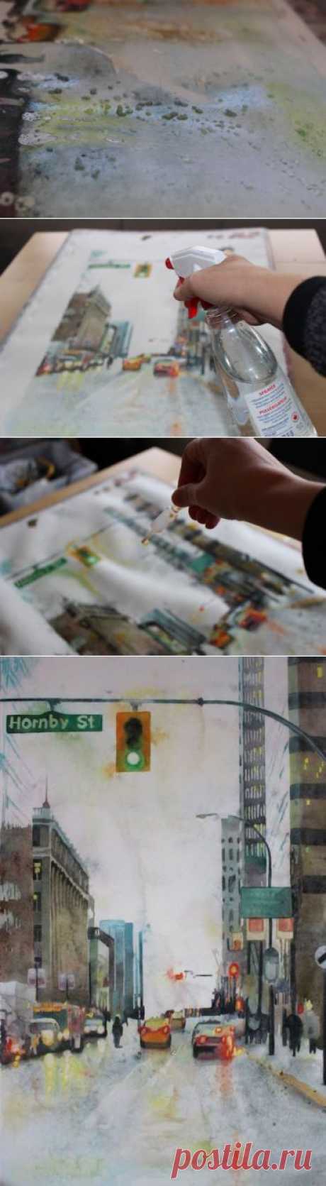 How to paint a rainy cityscape with watercolors, a step by step painting tutorial