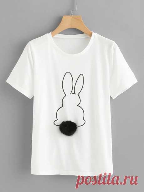 Rabbit Print Faux Fur Pompom Detail Tee | SHEIN USA