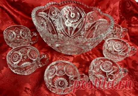 Vintage L.E. Smith Daisy Punch Bowl Hobstar Chrystal Cut Scalloped Set 6 cups | eBay