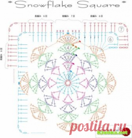 Квадрат со снежинкой, связанный крючком