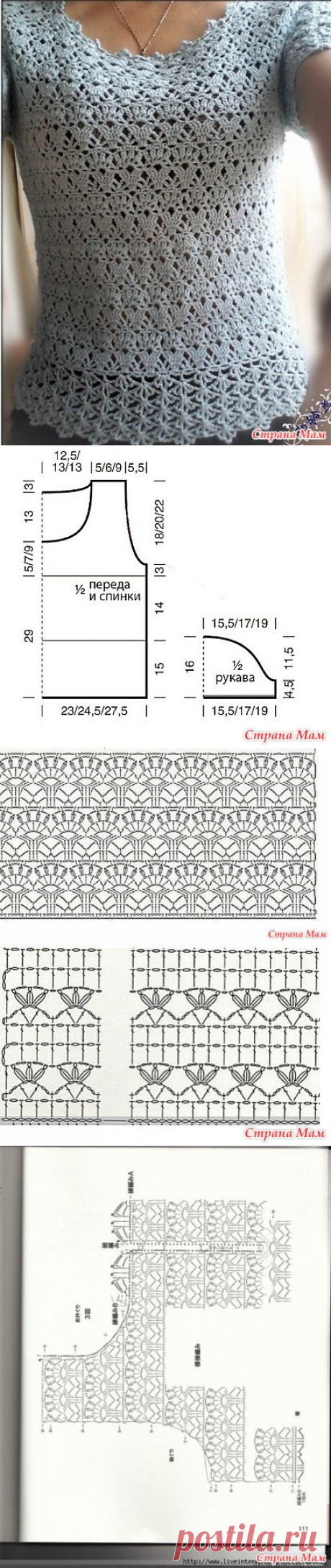 Голубая ажурная кофточка с короткими рукавами. - Все в ажуре... (вязание крючком) - Страна Мам