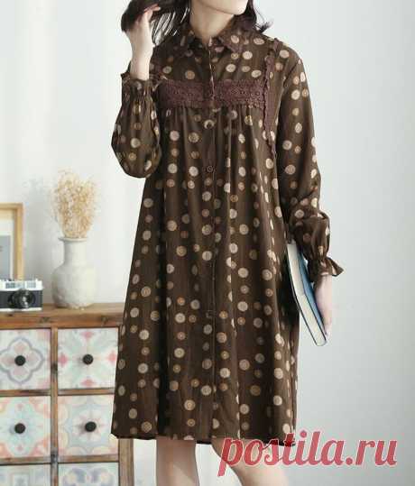 Womens Loose Floral midi dress brown cotton linen shirt | Etsy