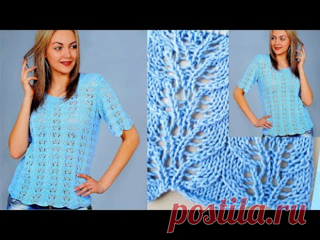 Красивейшая голубая блуза ажурным вертикальным узором