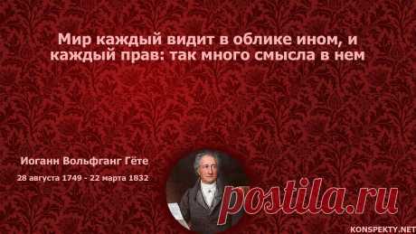 Мир каждый видит в облике ином, и каждый прав: так много смысла в нем

#KONSPEKTYNET #Цитаты #Высказывания #Афоризмы #Мудрость #Мир #Мировоззрение #Мнение #Добро #ЦитатыГете #ВысказыванияГете