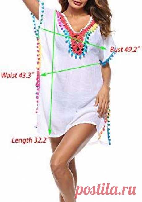 Пин содержит это изображение: Women's Beach Swimsuit Cover ups Cotton Pompom Tassel Crochet Trim Bikini Cover up Sun Protective Swimwear Dress