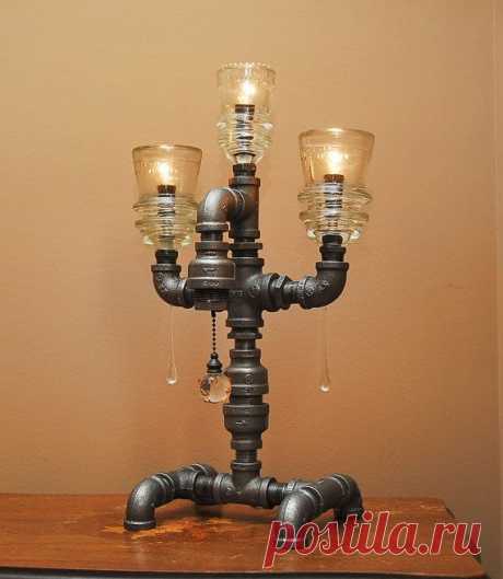 Industrial Style Pipe Lamp with 3 Glass Insulators and Pull Chain Switch