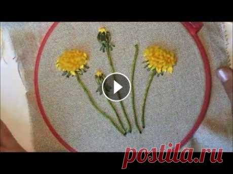 Одуванчик вышитый лентами (часть 1) / Dandelion embroidered with ribbons (part 1) Для вышивки одуванчика на понадобиться: лента атласная желтого цвета шириной 0,3 см, лента зеленого цвета шириной 0,6 см, лента шириной 2,5 см для лис...