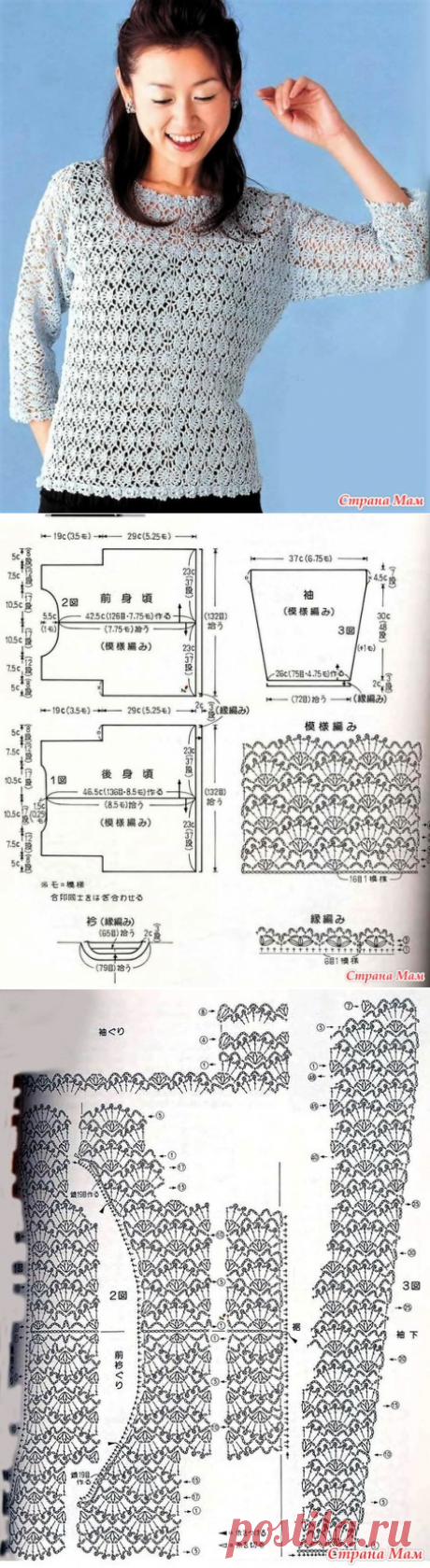 Ажурный пуловер связанный из центра в стороны. Крючок. - ВЯЗАНАЯ МОДА+ ДЛЯ НЕМОДЕЛЬНЫХ ДАМ - Страна Мам