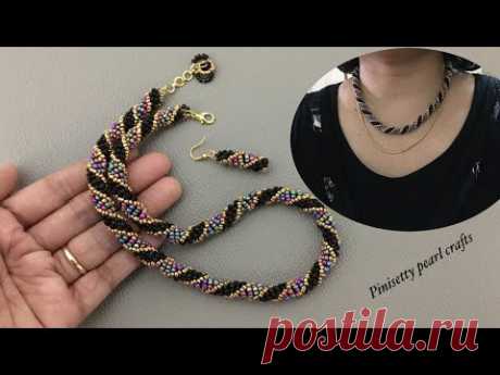 beaded multi colour twisted rope tutorial/seed beads spiral rope necklace/black beads jewelry set