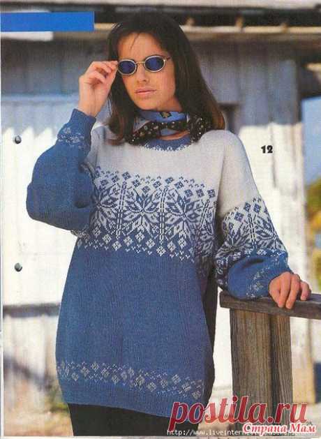 Бело-голубой пуловер в норвежском стиле - Жаккард - Страна Мам
