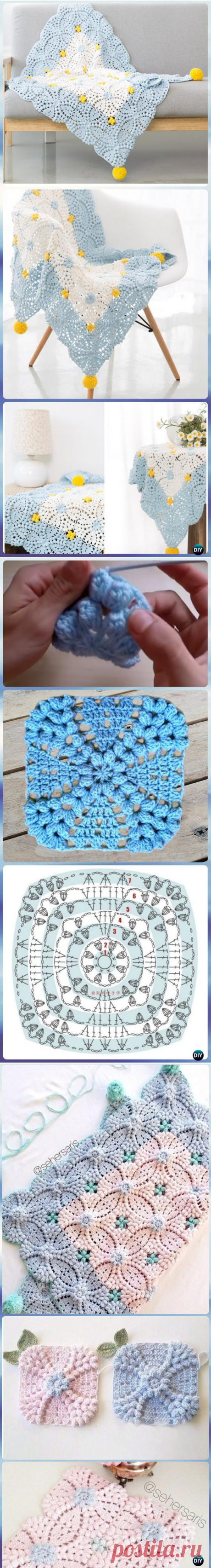 Crochet Pearl Flower Popcorn Square Motif Free Patterns