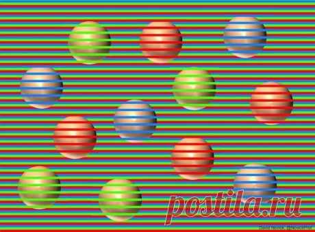 Оптическая иллюзия: все шары на этом рисунке одного цвета, а как видите вы?  | Яблык Оптические иллюзии Дэвида Новака представляют собой изображения однотонных кружков перечеркнутых разноцветными линиями, за счет которых нам кажется, что круги цветные...