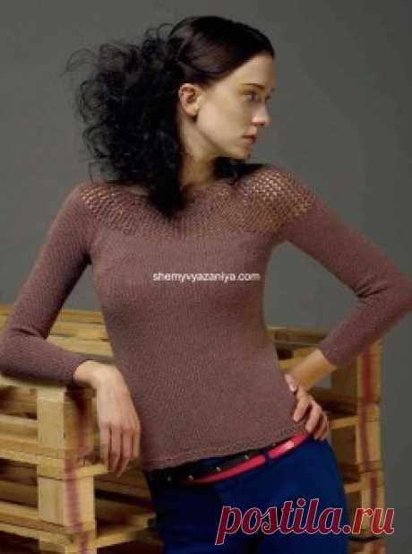 Пуловер с асимметричной сетчатой кокеткой. Спицами. Размеры по окружности груди: 69 (79, 88, 98, 109, 120) см. / shemyvyazaniya.com