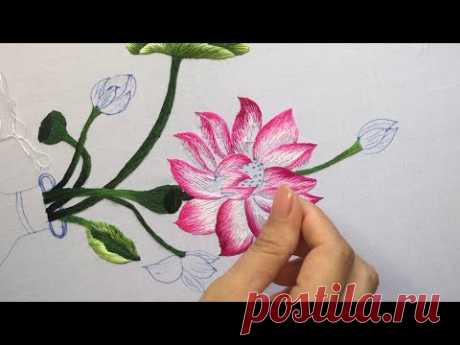 Hand Embroidery Art -  Hand Embroidered a Vase of LOTUS