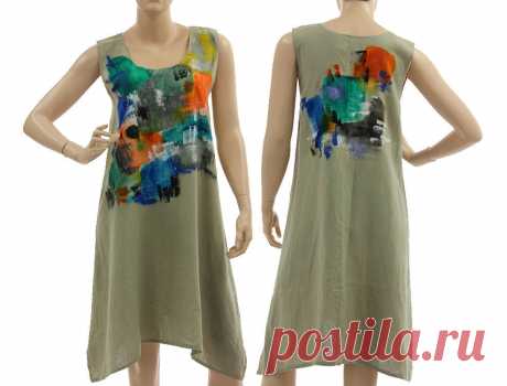 Kleid Tunika handbemalt Leinen schilf grün 36-40 - CLASSYDRESS