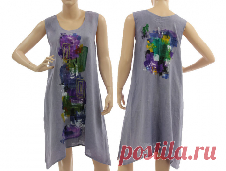 Kleid Tunika handbemalt Leinen in lila-blau 38-44 - CLASSYDRESS
