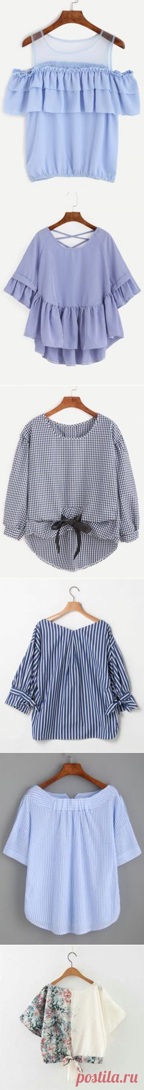 (21) White Striped Tie Front Puff Sleeve Blouse -SheIn(Sheinside)