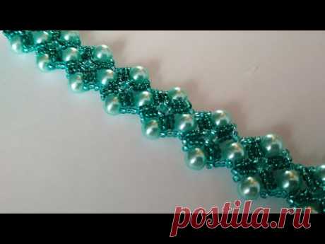 Green bracelet. DIY. Красивый браслет из бисера и бусин. МК